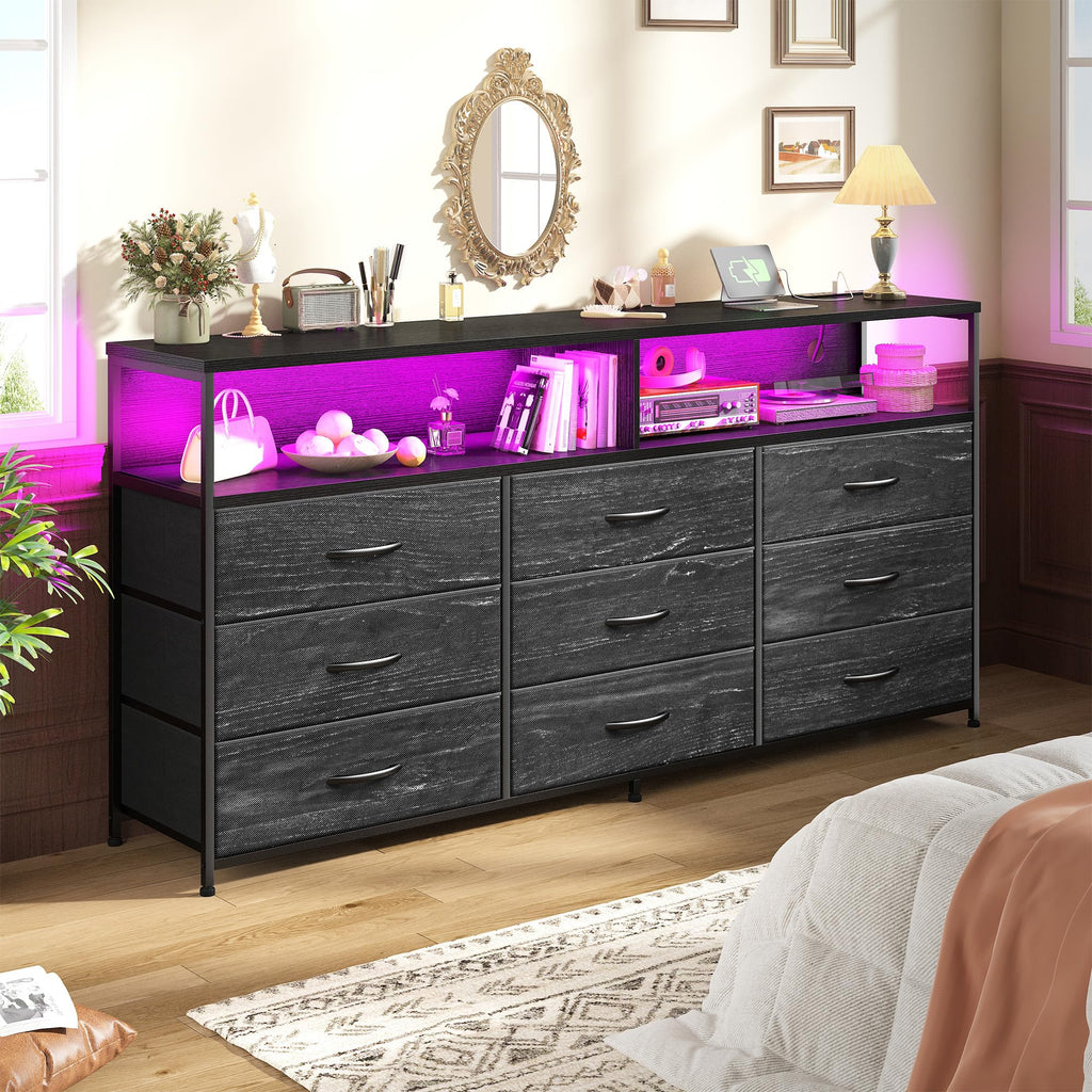 55" W 9 Drawer Dresser with LED and Power Outlets F8260