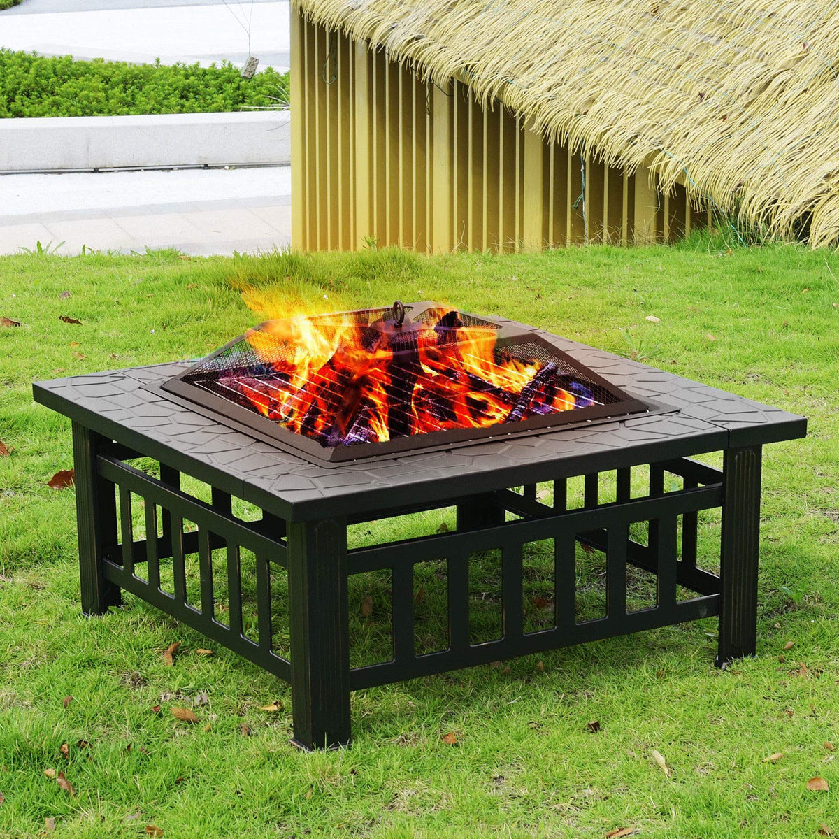 32'' Black Metal Square Wood Burning Fire Pit with Spark Screen Cover, Log Grate, Poker K134600