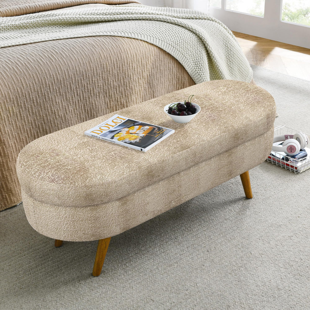 Brown Linen Storage Ottoman Bench F995301